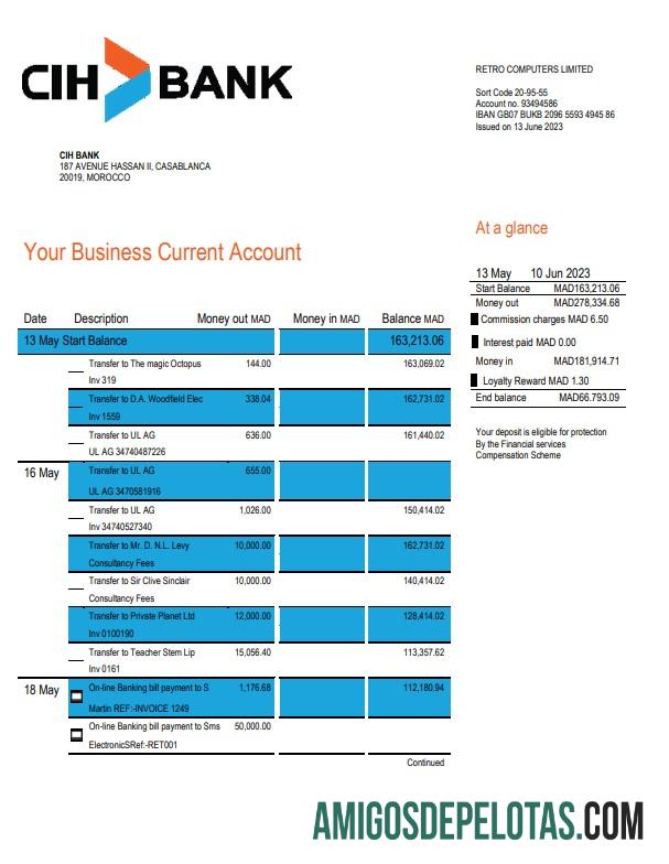 Baixável Marrocos CIH Bank Statement modelo Word e PDF